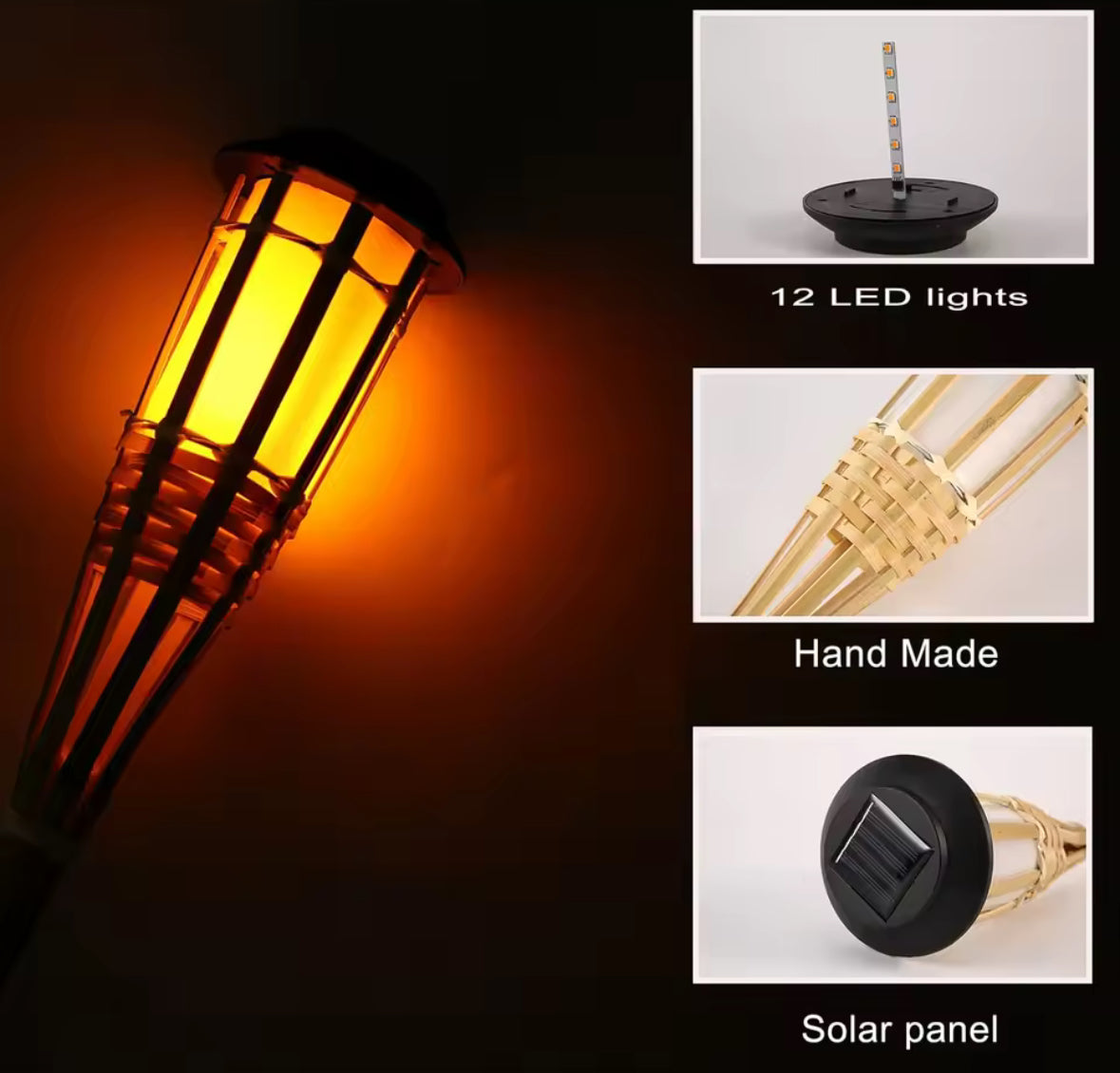 Solar Bambusfackel mit Flammeneffekt | 12 flackernde LEDs, handgeflochtener Bambus, 60 cm, IP65 | Stimmungslicht für Garten, Terrasse, Pool & Gartenparty