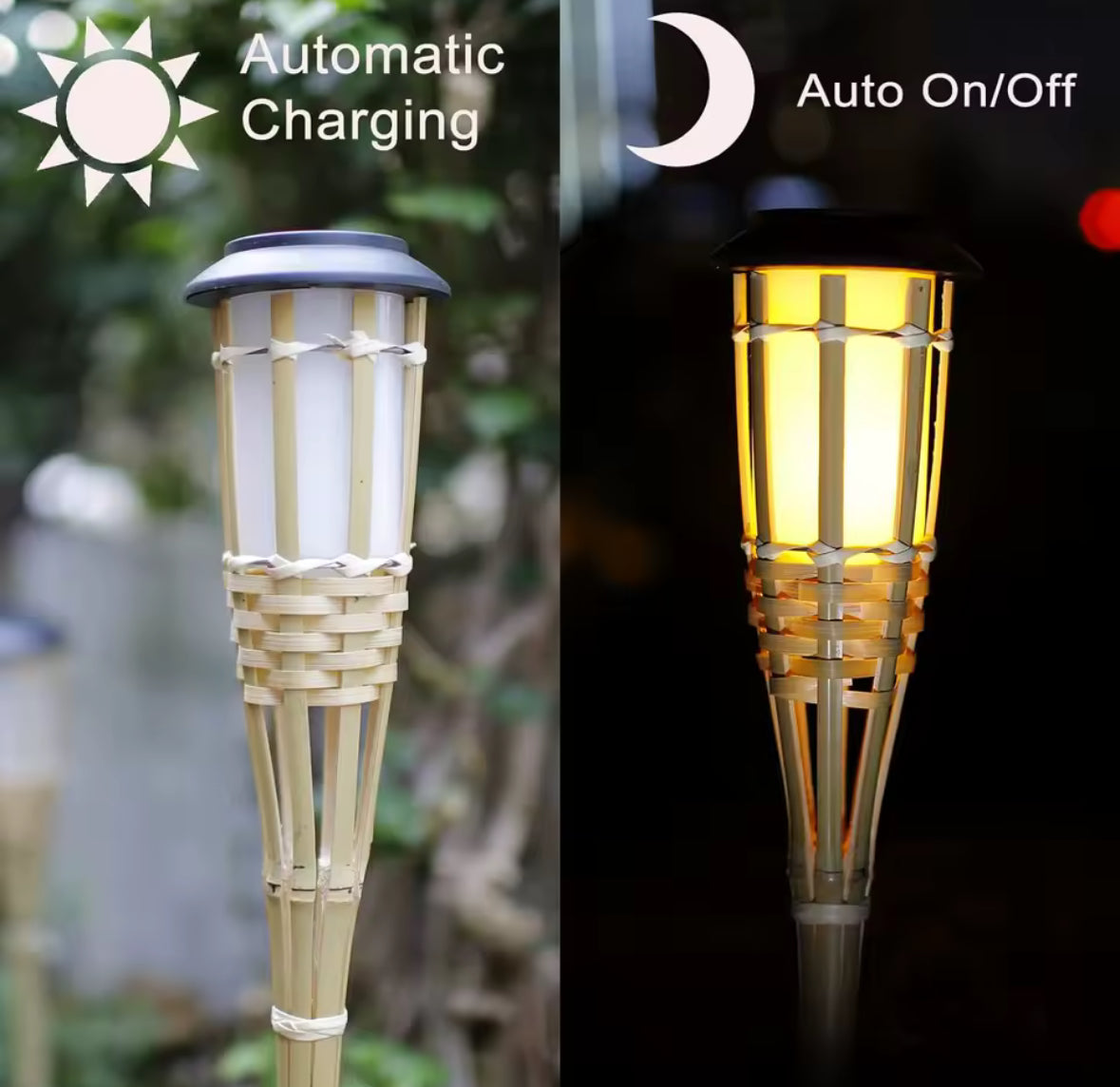 Solar Bambusfackel mit Flammeneffekt | 12 flackernde LEDs, handgeflochtener Bambus, 60 cm, IP65 | Stimmungslicht für Garten, Terrasse, Pool & Gartenparty