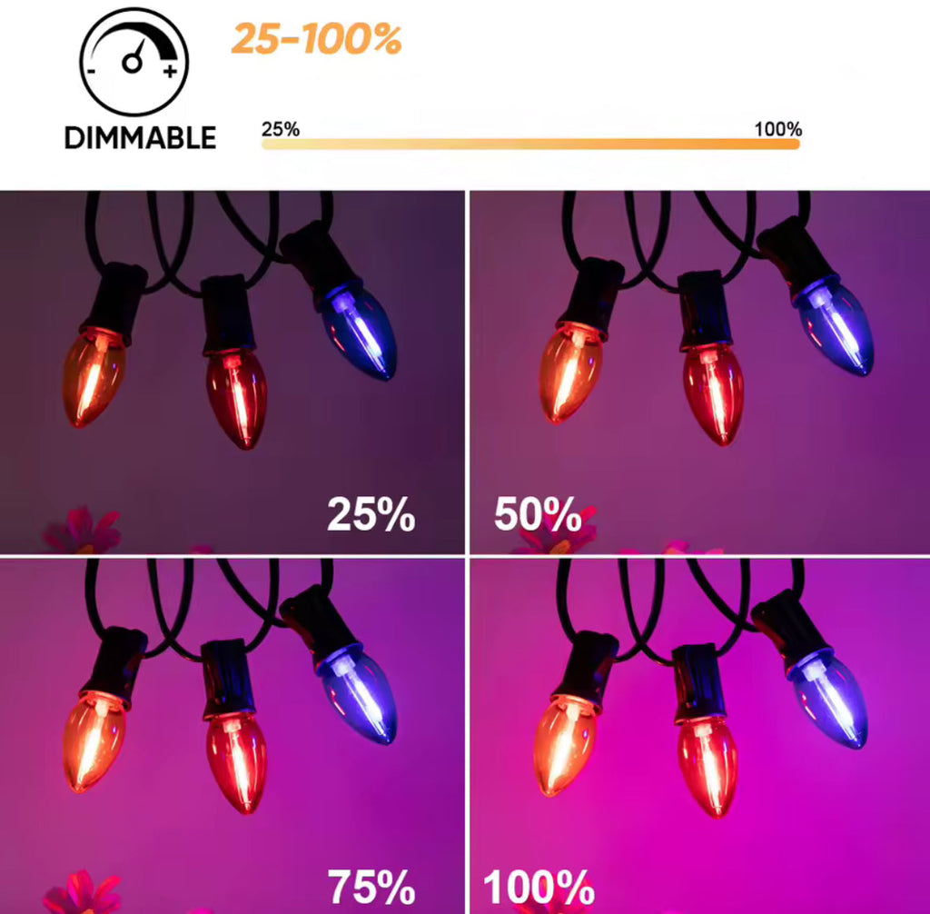 Solar C7 Lichterkette mit Bruchsicheren Erdbeerbirnen | 7,6 bis 30 m, 8 Effekte, Fernbedienung, Timer, dimmbar | Weihnachtsbeleuchtung für Gartenbaum, Terrasse, Dachrand & Zaun