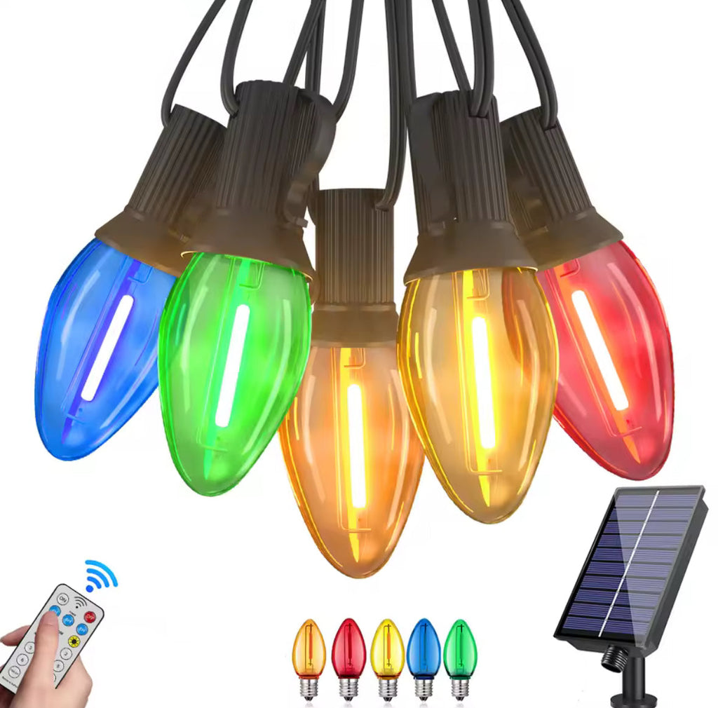 Solar C7 Lichterkette mit Bruchsicheren Erdbeerbirnen | 7,6 bis 30 m, 8 Effekte, Fernbedienung, Timer, dimmbar | Weihnachtsbeleuchtung für Gartenbaum, Terrasse, Dachrand & Zaun