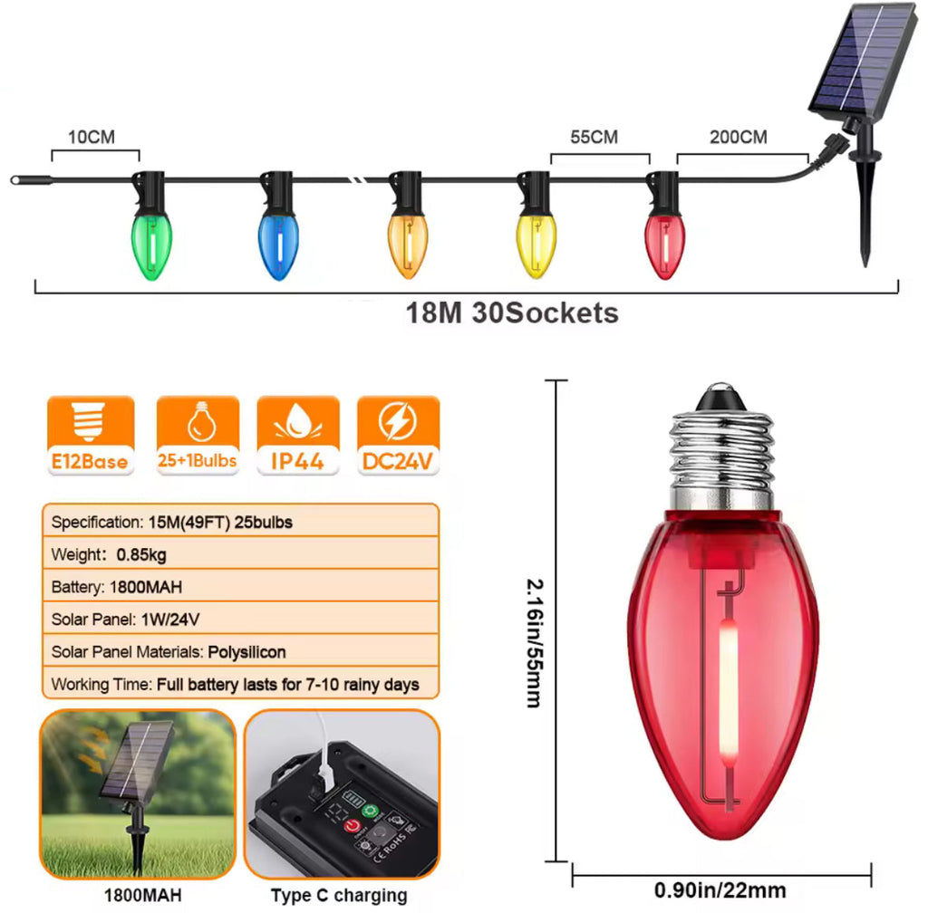 Solar C7 Lichterkette mit Bruchsicheren Erdbeerbirnen | 7,6 bis 30 m, 8 Effekte, Fernbedienung, Timer, dimmbar | Weihnachtsbeleuchtung für Gartenbaum, Terrasse, Dachrand & Zaun