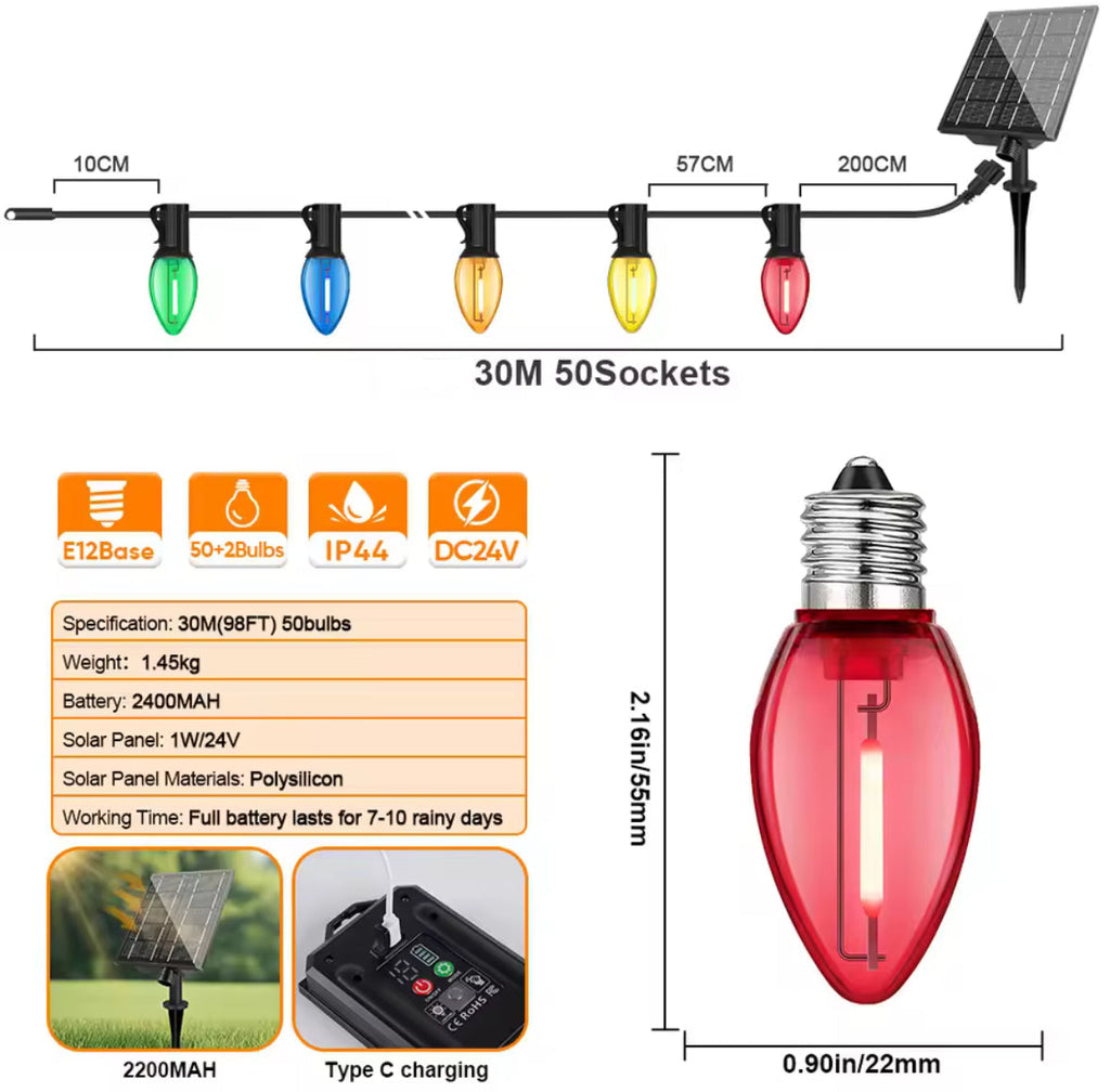 Solar C7 Lichterkette mit Bruchsicheren Erdbeerbirnen | 7,6 bis 30 m, 8 Effekte, Fernbedienung, Timer, dimmbar | Weihnachtsbeleuchtung für Gartenbaum, Terrasse, Dachrand & Zaun