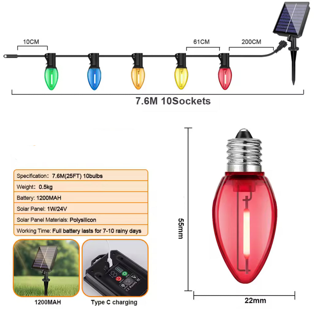 Solar C7 Lichterkette mit Bruchsicheren Erdbeerbirnen | 7,6 bis 30 m, 8 Effekte, Fernbedienung, Timer, dimmbar | Weihnachtsbeleuchtung für Gartenbaum, Terrasse, Dachrand & Zaun
