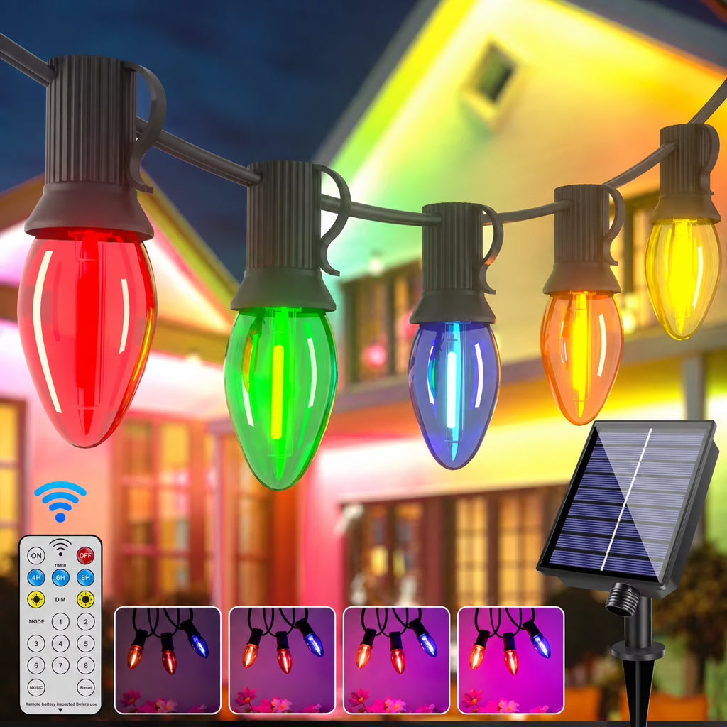 Solar C7 Lichterkette mit Bruchsicheren Erdbeerbirnen | 7,6 bis 30 m, 8 Effekte, Fernbedienung, Timer, dimmbar | Weihnachtsbeleuchtung für Gartenbaum, Terrasse, Dachrand & Zaun