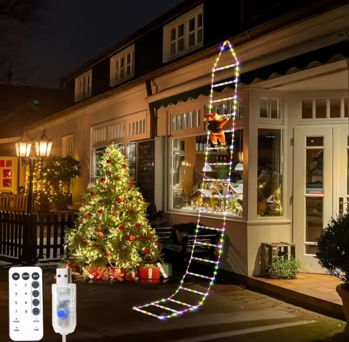 LED Weihnachtsmann auf Funkelnder Leiter | 1,5 oder 3 m, warmweiss oder bunt, 8 Blinkmodi, USB-Betrieb | Weihnachtsdeko für Fassade, Fenster, Wand & Weihnachtsbaum