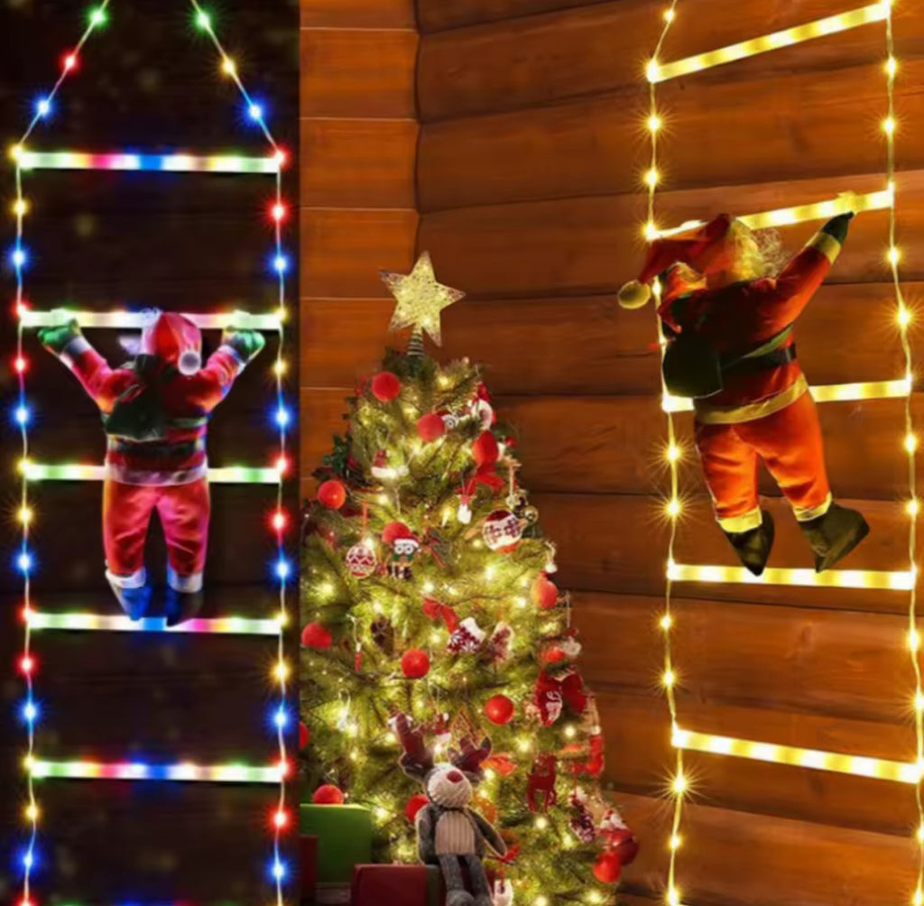 LED Weihnachtsmann auf Funkelnder Leiter | 1,5 oder 3 m, warmweiss oder bunt, 8 Blinkmodi, USB-Betrieb | Weihnachtsdeko für Fassade, Fenster, Wand & Weihnachtsbaum