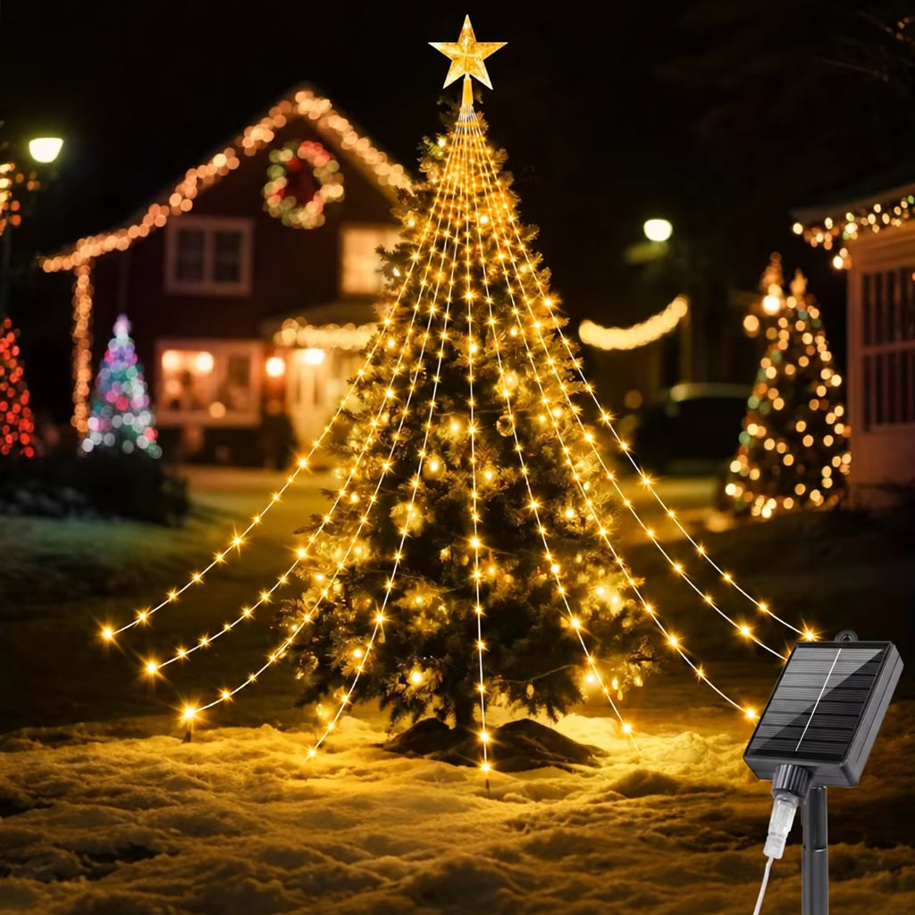 Solar Weihnachtsbaum-Lichterkette mit Stern | Wasserfall-Effekt, 210 oder 291 LEDs, 8 Modi, IP67 | Weihnachtsbeleuchtung für Gartenbaum, Tanne & Vorgarten