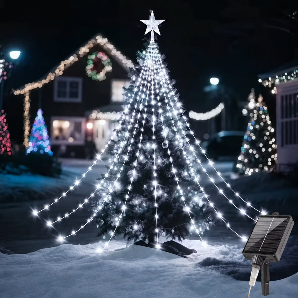 Solar Weihnachtsbaum-Lichterkette mit Stern | Wasserfall-Effekt, 210 oder 291 LEDs, 8 Modi, IP67 | Weihnachtsbeleuchtung für Gartenbaum, Tanne & Vorgarten