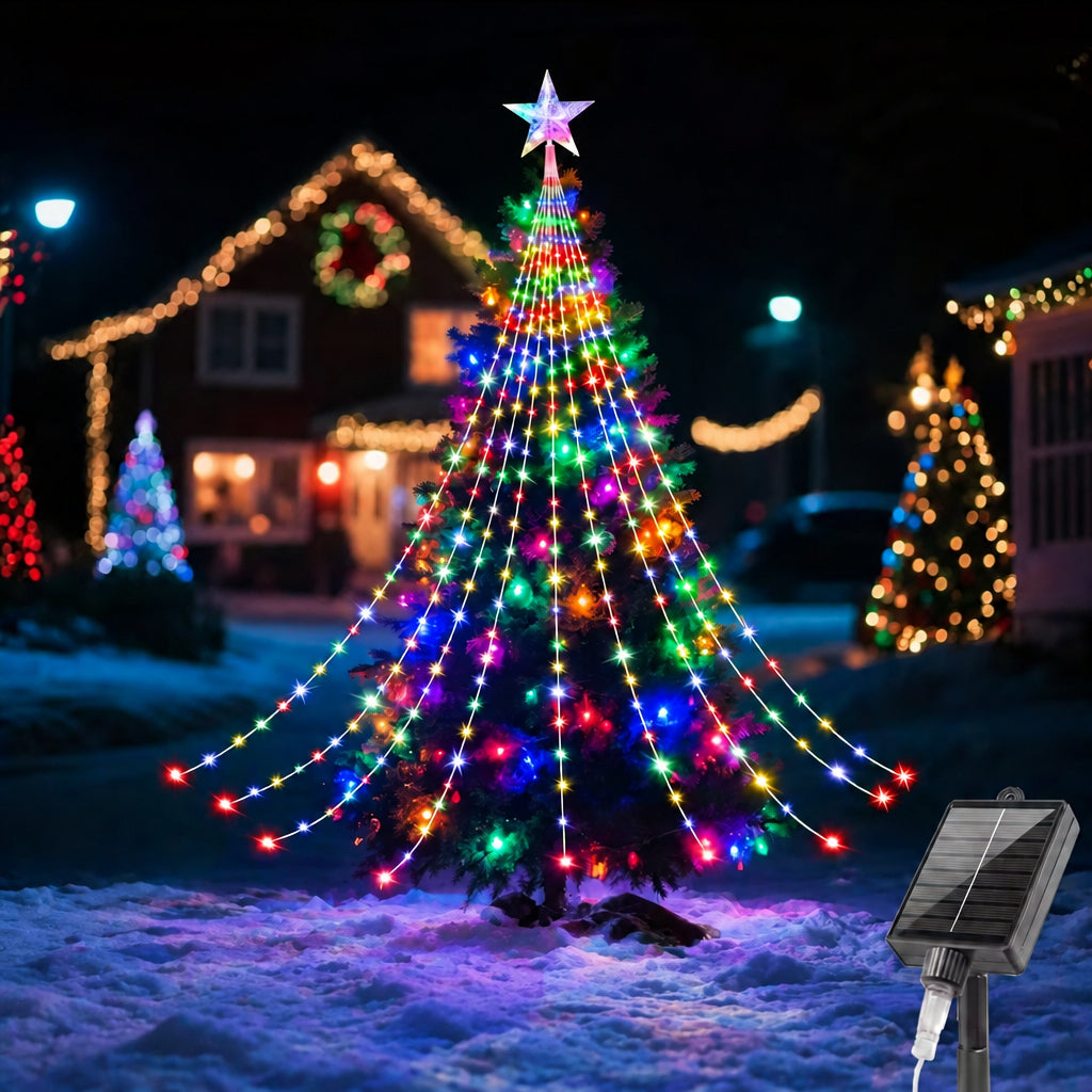 Solar Weihnachtsbaum-Lichterkette mit Stern | Wasserfall-Effekt, 210 oder 291 LEDs, 8 Modi, IP67 | Weihnachtsbeleuchtung für Gartenbaum, Tanne & Vorgarten