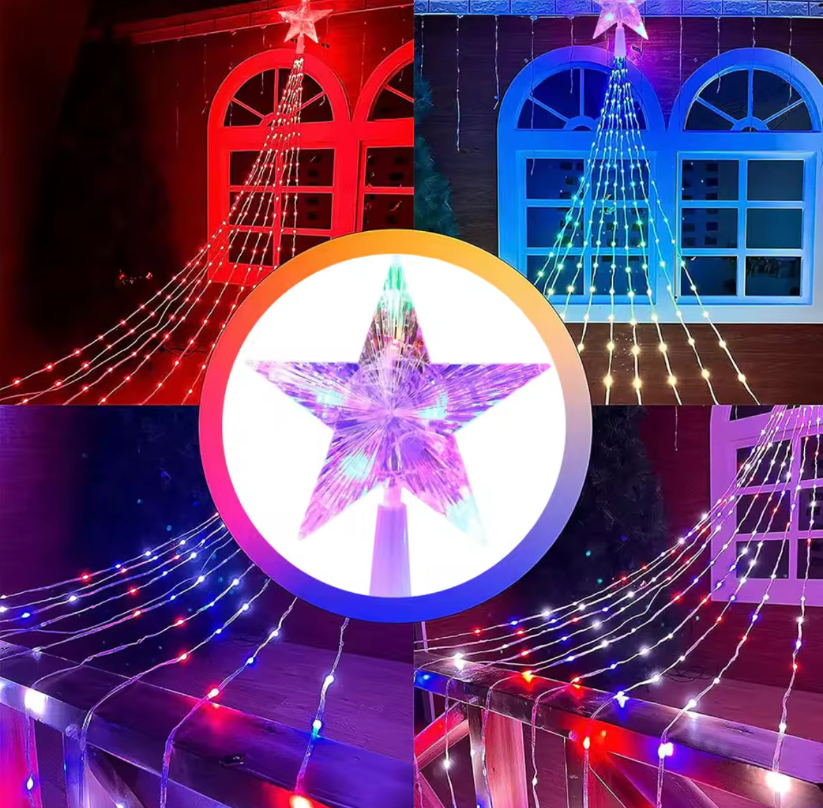 Solar Weihnachtsbaum-Lichterkette mit Stern | Wasserfall-Effekt, 210 oder 291 LEDs, 8 Modi, IP67 | Weihnachtsbeleuchtung für Gartenbaum, Tanne & Vorgarten