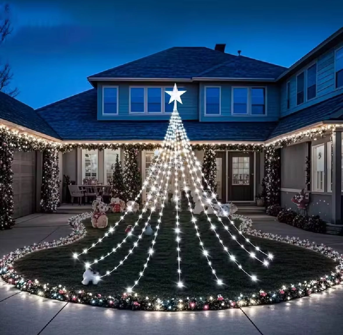 Solar Weihnachtsbaum-Lichterkette mit Stern | Wasserfall-Effekt, 210 oder 291 LEDs, 8 Modi, IP67 | Weihnachtsbeleuchtung für Gartenbaum, Tanne & Vorgarten