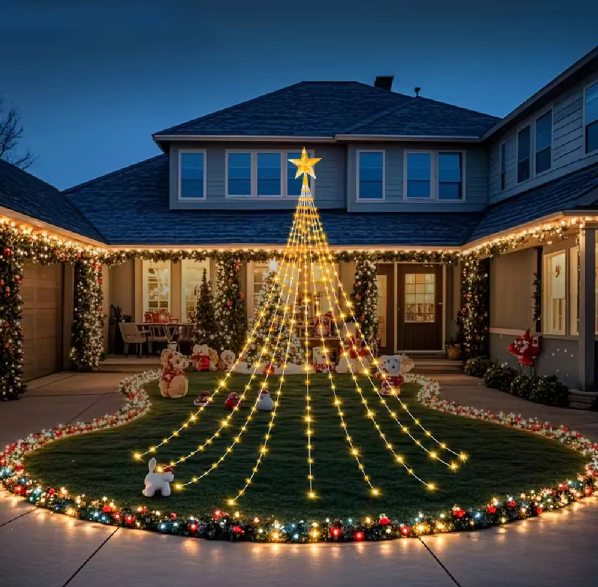 Solar Weihnachtsbaum-Lichterkette mit Stern | Wasserfall-Effekt, 210 oder 291 LEDs, 8 Modi, IP67 | Weihnachtsbeleuchtung für Gartenbaum, Tanne & Vorgarten