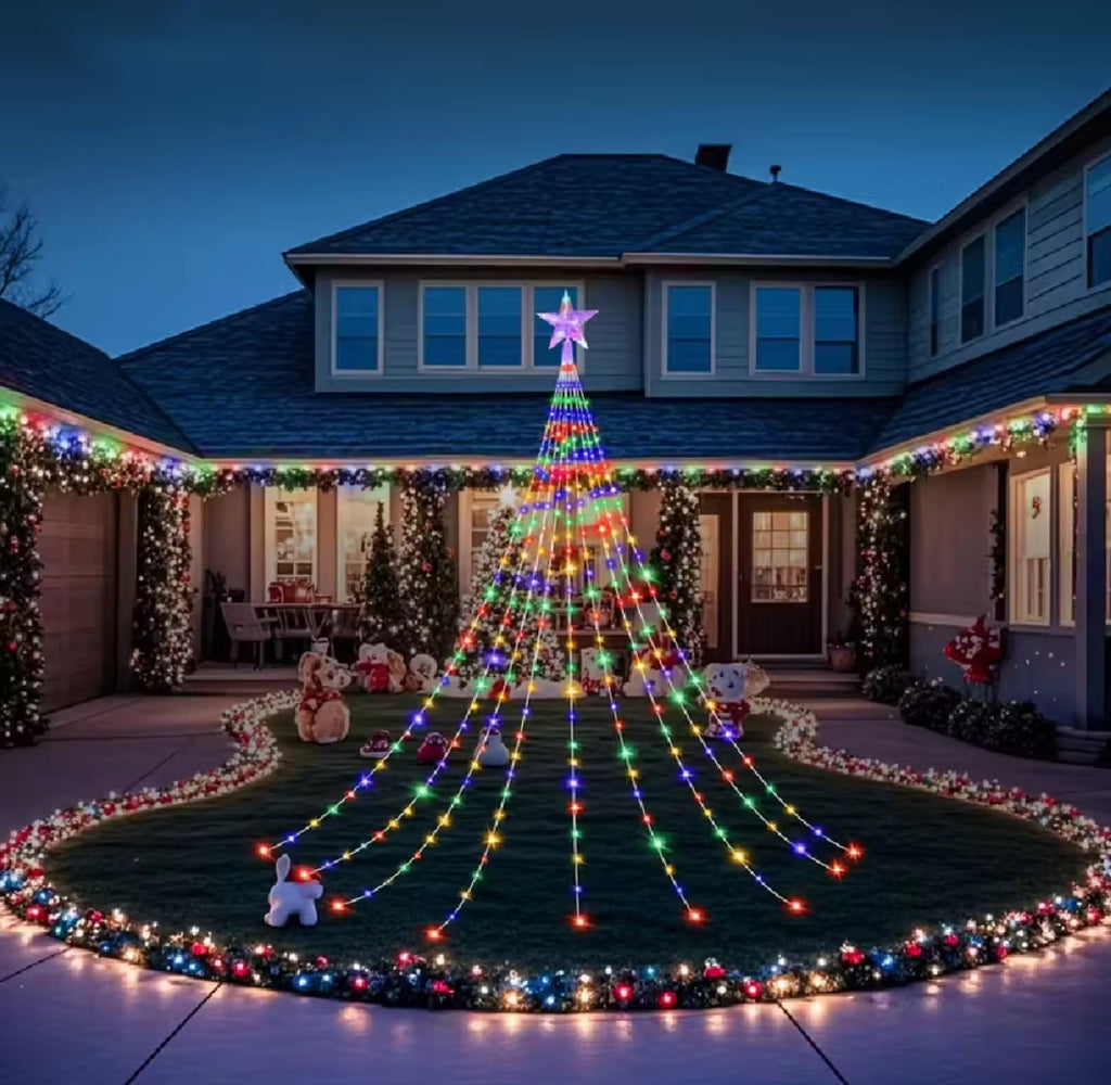 Solar Weihnachtsbaum-Lichterkette mit Stern | Wasserfall-Effekt, 210 oder 291 LEDs, 8 Modi, IP67 | Weihnachtsbeleuchtung für Gartenbaum, Tanne & Vorgarten