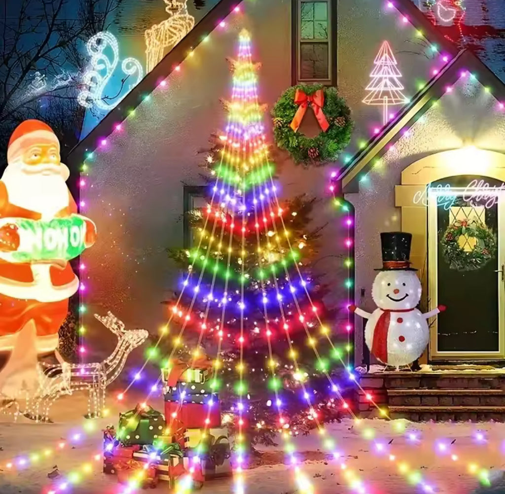 Solar Weihnachtsbaum-Lichterkette mit Stern | Wasserfall-Effekt, 210 oder 291 LEDs, 8 Modi, IP67 | Weihnachtsbeleuchtung für Gartenbaum, Tanne & Vorgarten