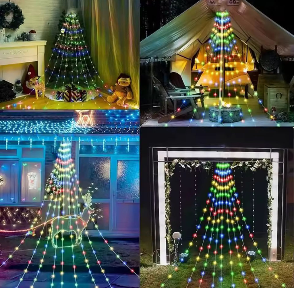 Solar Weihnachtsbaum-Lichterkette mit Stern | Wasserfall-Effekt, 210 oder 291 LEDs, 8 Modi, IP67 | Weihnachtsbeleuchtung für Gartenbaum, Tanne & Vorgarten