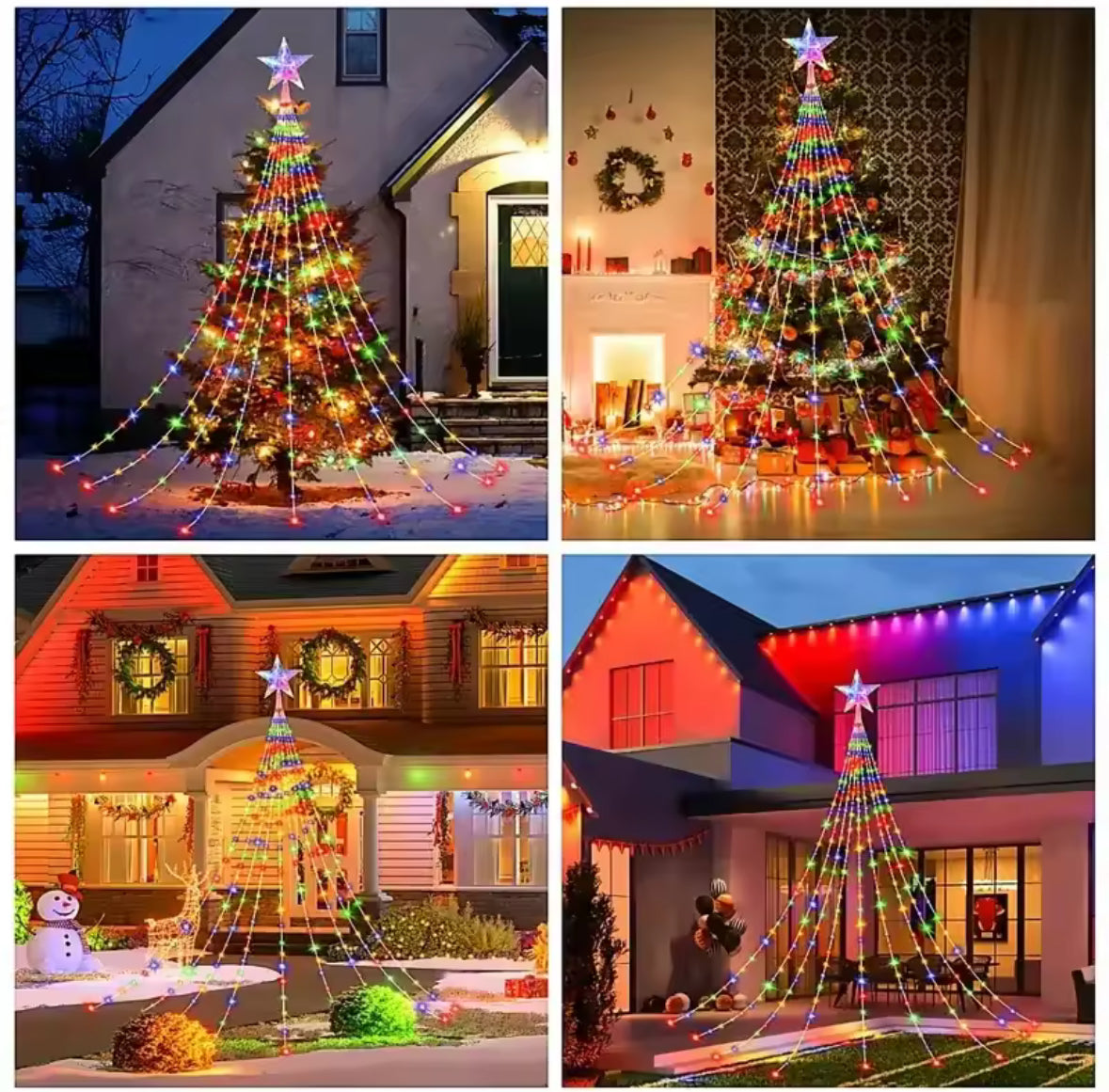 Solar Weihnachtsbaum-Lichterkette mit Stern | Wasserfall-Effekt, 210 oder 291 LEDs, 8 Modi, IP67 | Weihnachtsbeleuchtung für Gartenbaum, Tanne & Vorgarten