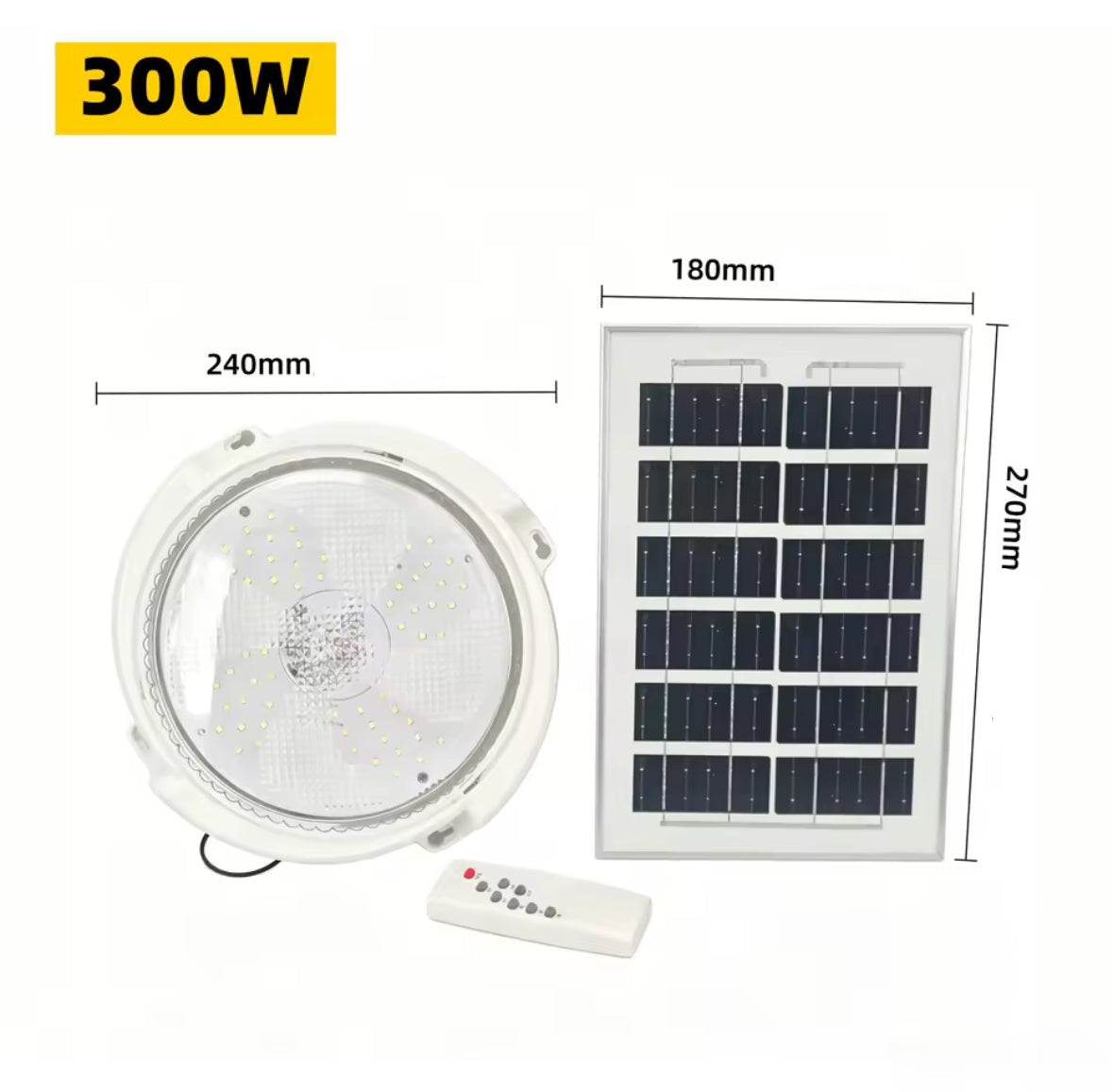 Solar Deckenleuchte mit Fernbedienung | 60 bis 500 W, separates Solarpanel, dimmbar, Timer, IP66 | Stromlose Beleuchtung für Carport, Gartenhaus, Schuppen, Stall & Vordach