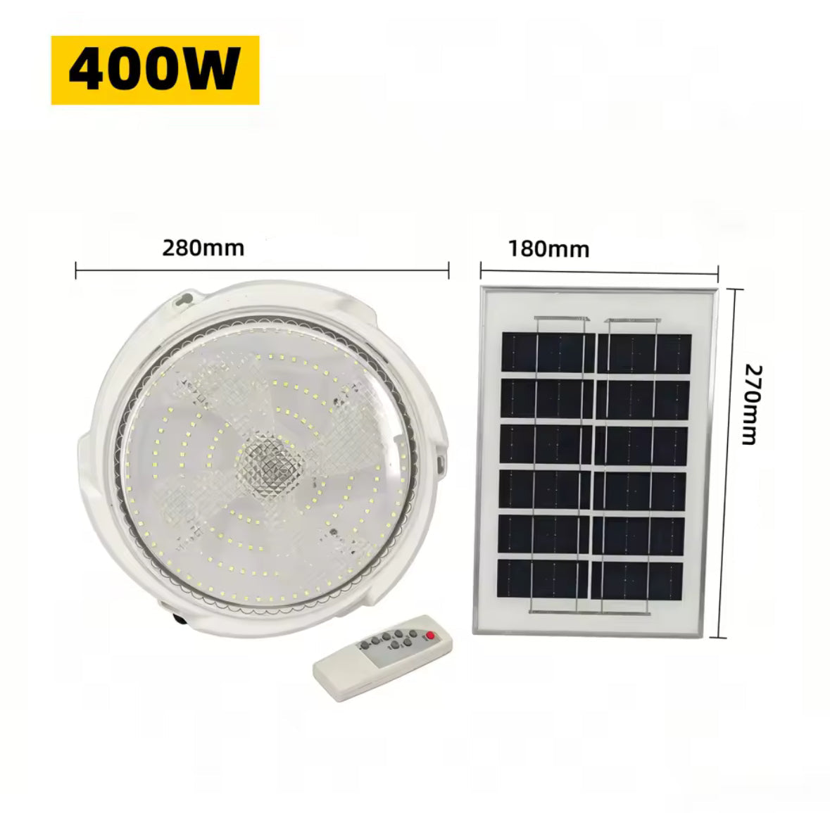 Solar Deckenleuchte mit Fernbedienung | 60 bis 500 W, separates Solarpanel, dimmbar, Timer, IP66 | Stromlose Beleuchtung für Carport, Gartenhaus, Schuppen, Stall & Vordach