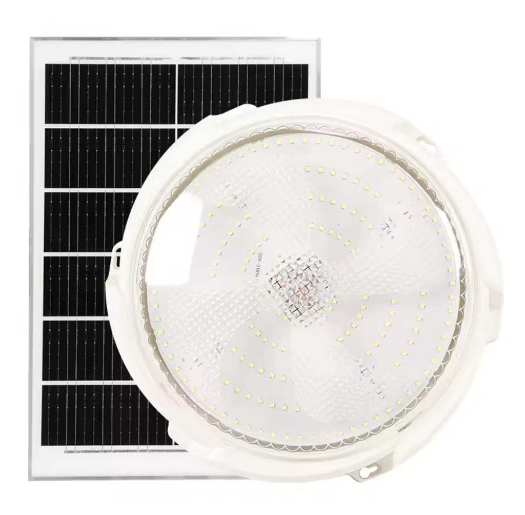 Solar Deckenleuchte mit Fernbedienung | 60 bis 500 W, separates Solarpanel, dimmbar, Timer, IP66 | Stromlose Beleuchtung für Carport, Gartenhaus, Schuppen, Stall & Vordach