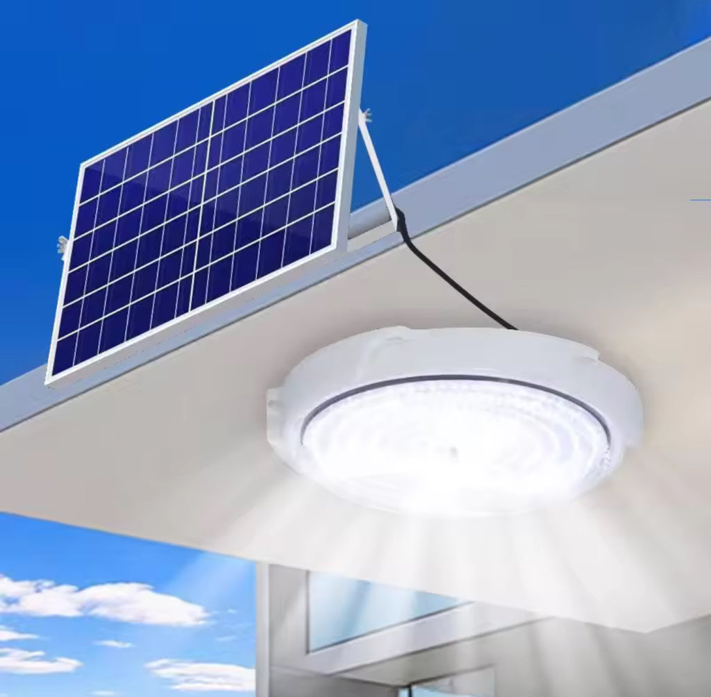 Solar Deckenleuchte mit Fernbedienung | 60 bis 500 W, separates Solarpanel, dimmbar, Timer, IP66 | Stromlose Beleuchtung für Carport, Gartenhaus, Schuppen, Stall & Vordach