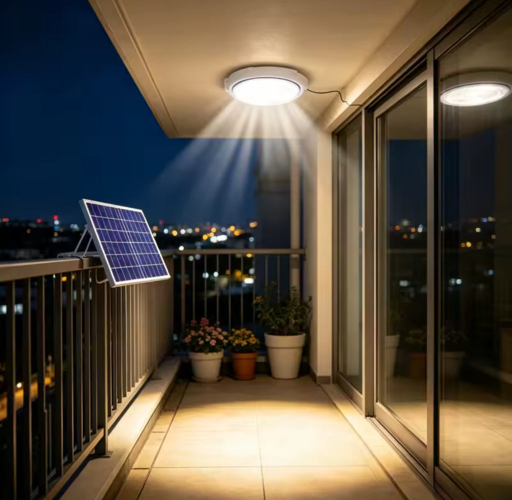 Solar Deckenleuchte mit Fernbedienung | 60 bis 500 W, separates Solarpanel, dimmbar, Timer, IP66 | Stromlose Beleuchtung für Carport, Gartenhaus, Schuppen, Stall & Vordach