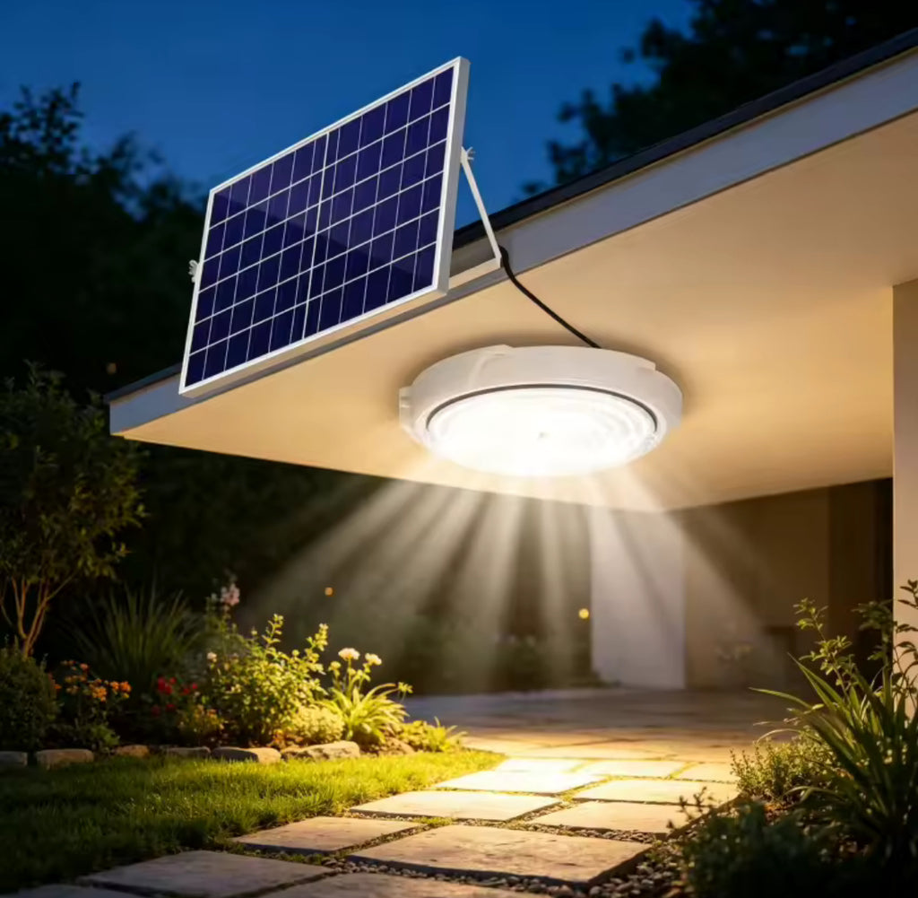 Solar Deckenleuchte mit Fernbedienung | 60 bis 500 W, separates Solarpanel, dimmbar, Timer, IP66 | Stromlose Beleuchtung für Carport, Gartenhaus, Schuppen, Stall & Vordach