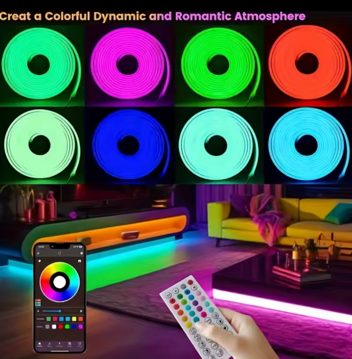 LED Neon-Lichtband RGB mit App & Musik-Sync | 16 Mio. Farben, 5 bis 30 m, kürzbar, Fernbedienung, IP67 | Stimmungslicht für Gaming-Zimmer, Wohnzimmer, Bar & Terrasse