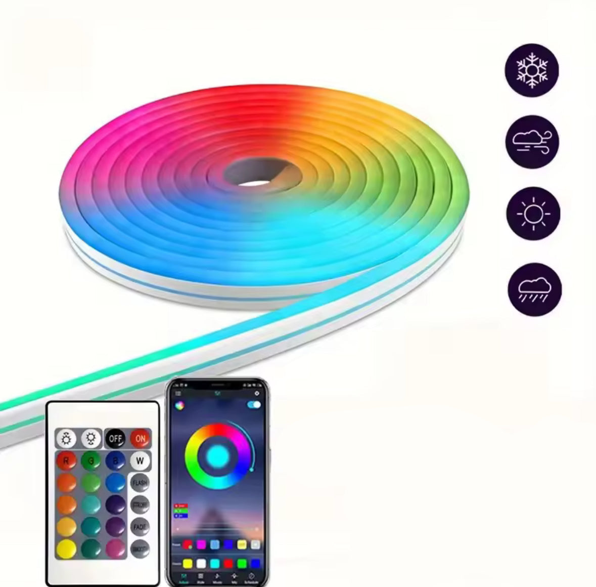 LED Neon-Lichtband RGB mit App & Musik-Sync | 16 Mio. Farben, 5 bis 30 m, kürzbar, Fernbedienung, IP67 | Stimmungslicht für Gaming-Zimmer, Wohnzimmer, Bar & Terrasse