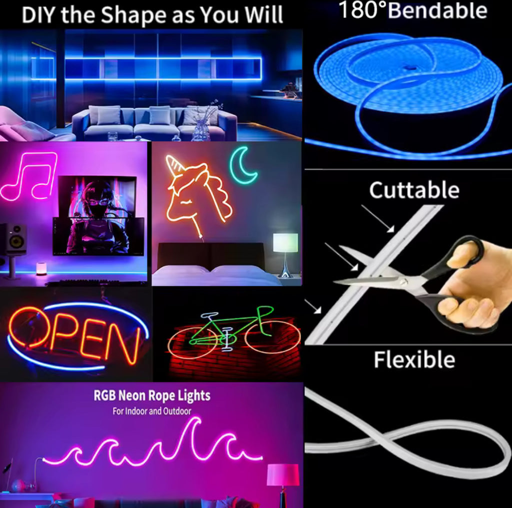 LED Neon-Lichtband RGB mit App & Musik-Sync | 16 Mio. Farben, 5 bis 30 m, kürzbar, Fernbedienung, IP67 | Stimmungslicht für Gaming-Zimmer, Wohnzimmer, Bar & Terrasse