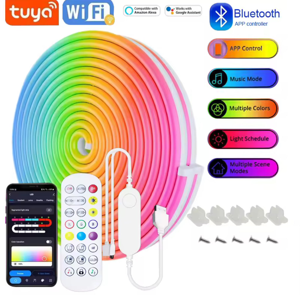 LED Neon-Lichtband RGB mit App & Musik-Sync | 16 Mio. Farben, 5 bis 30 m, kürzbar, Fernbedienung, IP67 | Stimmungslicht für Gaming-Zimmer, Wohnzimmer, Bar & Terrasse