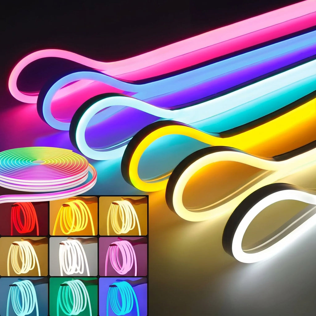 LED Neon-Lichtband RGB mit App & Musik-Sync | 16 Mio. Farben, 5 bis 30 m, kürzbar, Fernbedienung, IP67 | Stimmungslicht für Gaming-Zimmer, Wohnzimmer, Bar & Terrasse