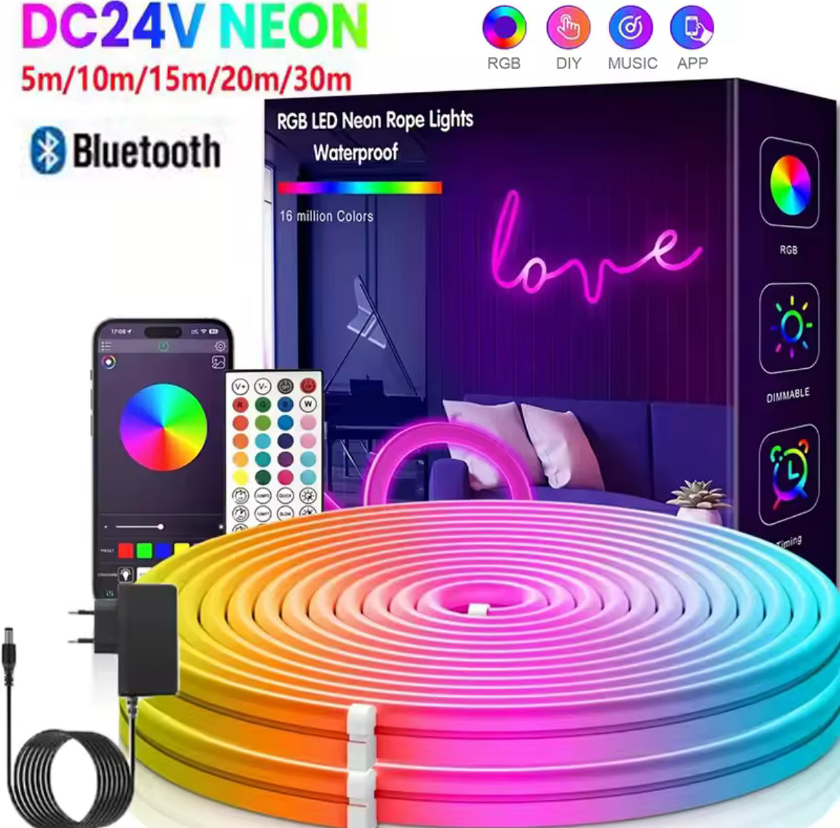 LED Neon-Lichtband RGB mit App & Musik-Sync | 16 Mio. Farben, 5 bis 30 m, kürzbar, Fernbedienung, IP67 | Stimmungslicht für Gaming-Zimmer, Wohnzimmer, Bar & Terrasse