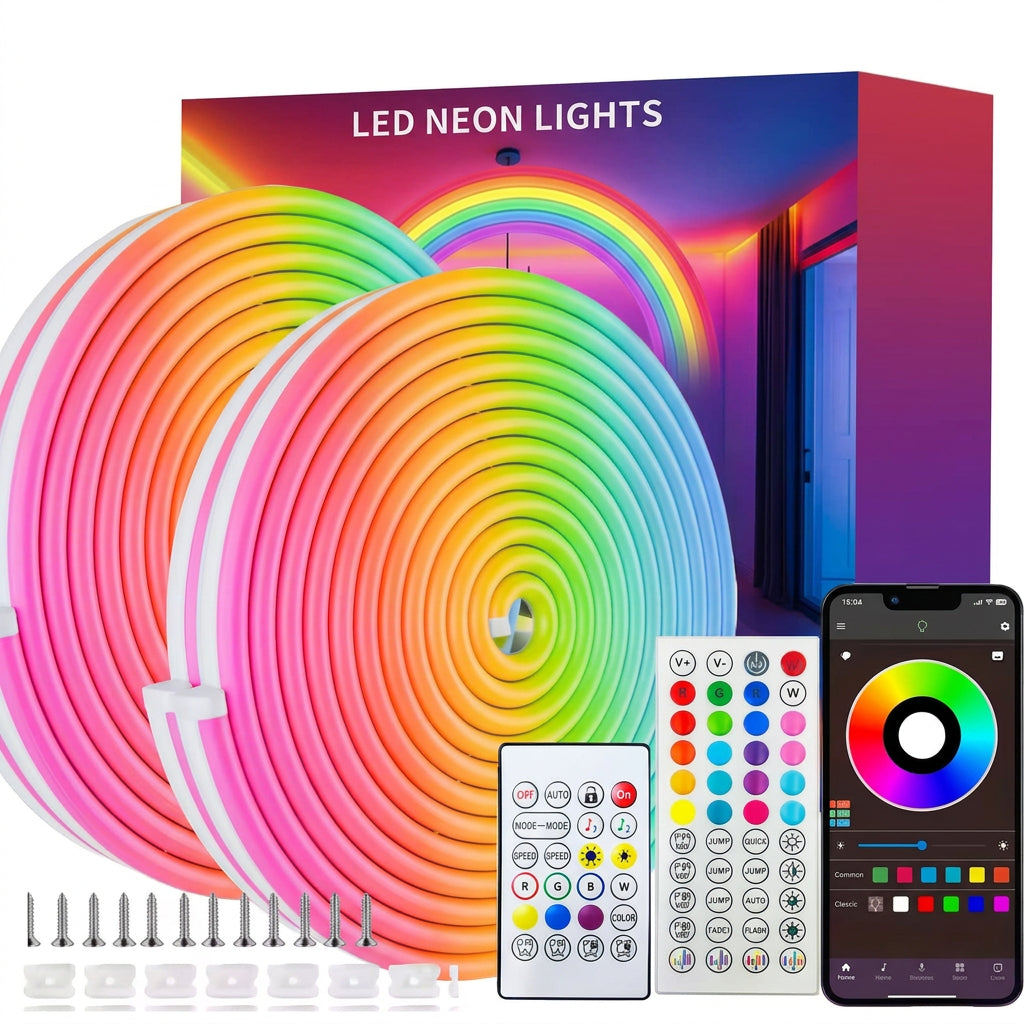 LED Neon-Lichtband RGB mit App & Musik-Sync | 16 Mio. Farben, 5 bis 30 m, kürzbar, Fernbedienung, IP67 | Stimmungslicht für Gaming-Zimmer, Wohnzimmer, Bar & Terrasse