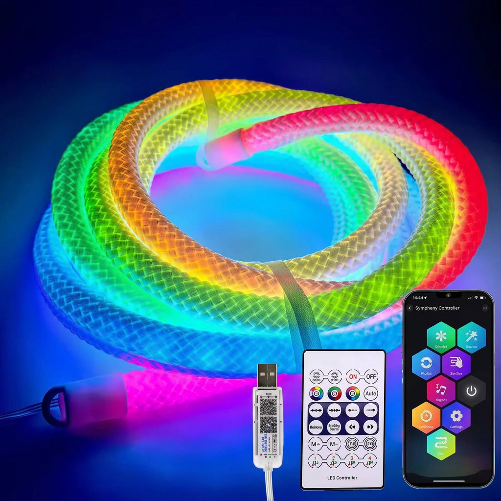 LED Neon-Lichtschlauch RGB mit 360-Grad-Licht | Adressierbare LEDs, Regenbogen- & Musikeffekte, App und Fernbedienung, 1 bis 5 m, IP67 | Stimmungslicht für Gaming-Zimmer, Schlafzimmer, Bar & Deko