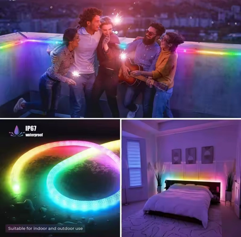 LED Neon-Lichtschlauch RGB mit 360-Grad-Licht | Adressierbare LEDs, Regenbogen- & Musikeffekte, App und Fernbedienung, 1 bis 5 m, IP67 | Stimmungslicht für Gaming-Zimmer, Schlafzimmer, Bar & Deko