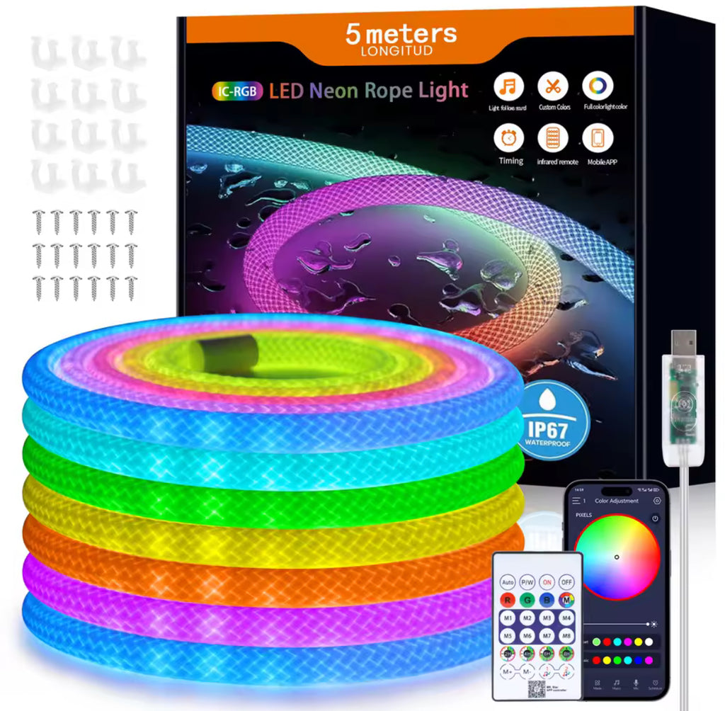 LED Neon-Lichtschlauch RGB mit 360-Grad-Licht | Adressierbare LEDs, Regenbogen- & Musikeffekte, App und Fernbedienung, 1 bis 5 m, IP67 | Stimmungslicht für Gaming-Zimmer, Schlafzimmer, Bar & Deko