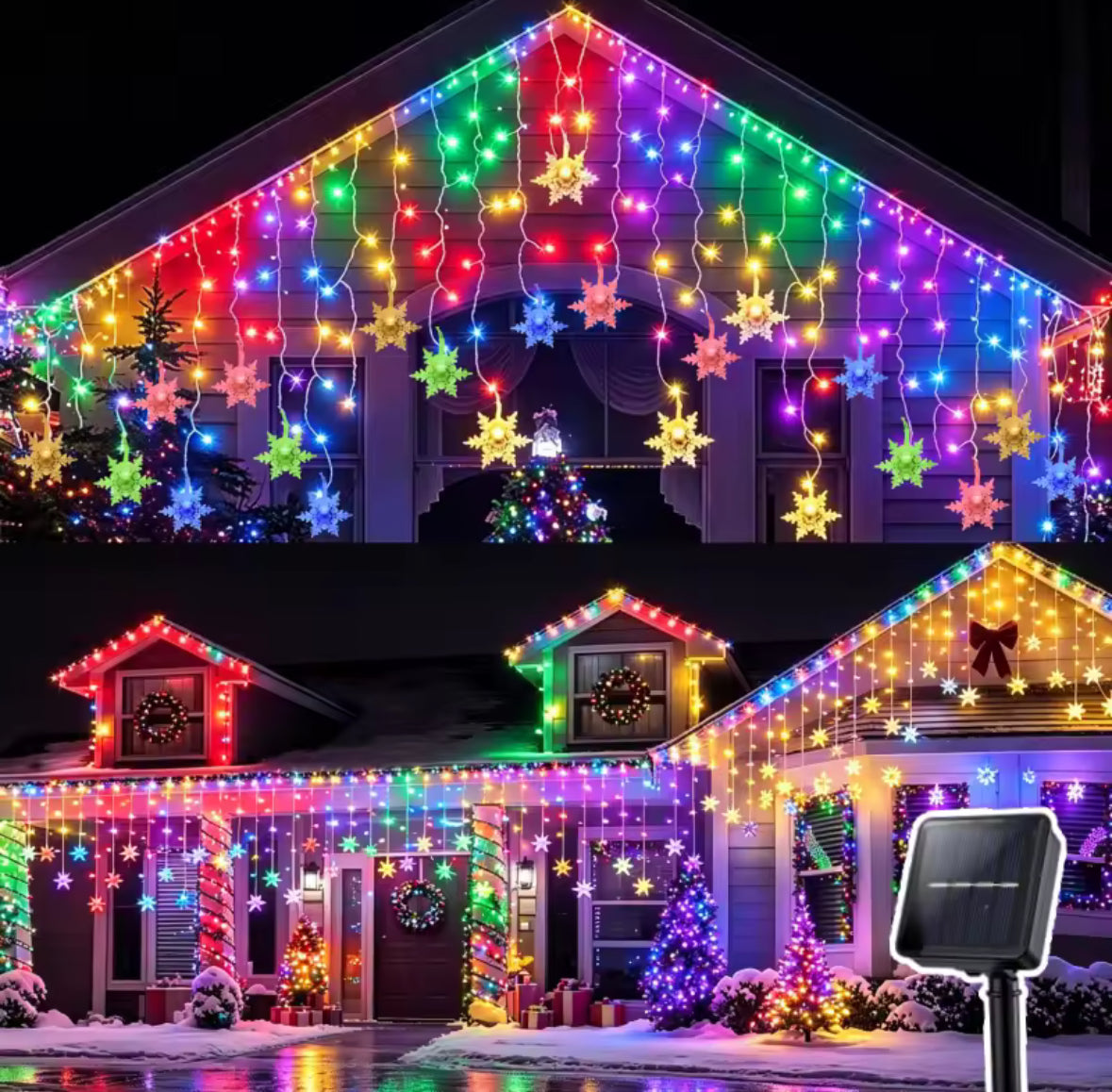 Solar Schneeflocken-Lichtervorhang | 3,5 oder 7 m, 8 Leuchtmodi, warmweiss oder bunt, Dämmerungsautomatik, IP44 | Weihnachtsbeleuchtung für Dachrand, Fassade, Balkon & Garten