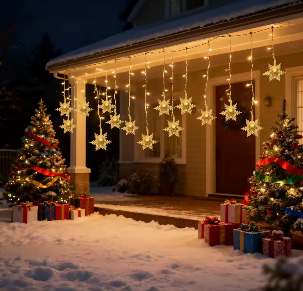 Solar Schneeflocken-Lichtervorhang | 3,5 oder 7 m, 8 Leuchtmodi, warmweiss oder bunt, Dämmerungsautomatik, IP44 | Weihnachtsbeleuchtung für Dachrand, Fassade, Balkon & Garten