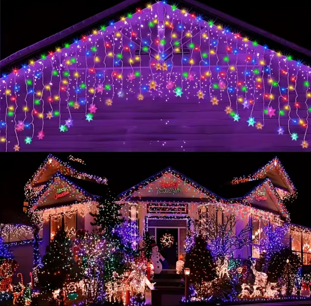 Solar Schneeflocken-Lichtervorhang | 3,5 oder 7 m, 8 Leuchtmodi, warmweiss oder bunt, Dämmerungsautomatik, IP44 | Weihnachtsbeleuchtung für Dachrand, Fassade, Balkon & Garten