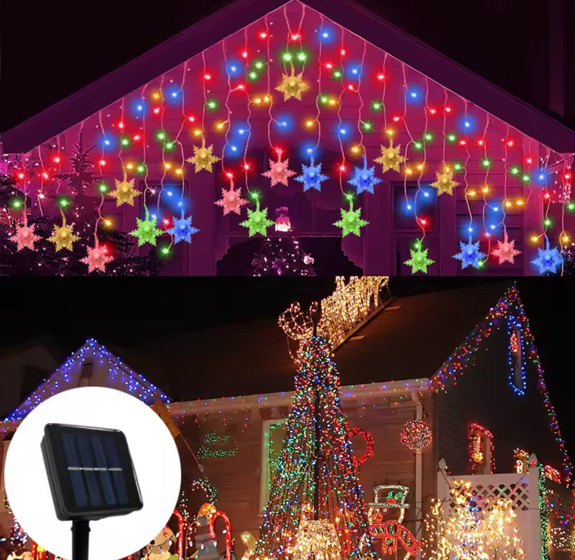 Solar Schneeflocken-Lichtervorhang | 3,5 oder 7 m, 8 Leuchtmodi, warmweiss oder bunt, Dämmerungsautomatik, IP44 | Weihnachtsbeleuchtung für Dachrand, Fassade, Balkon & Garten
