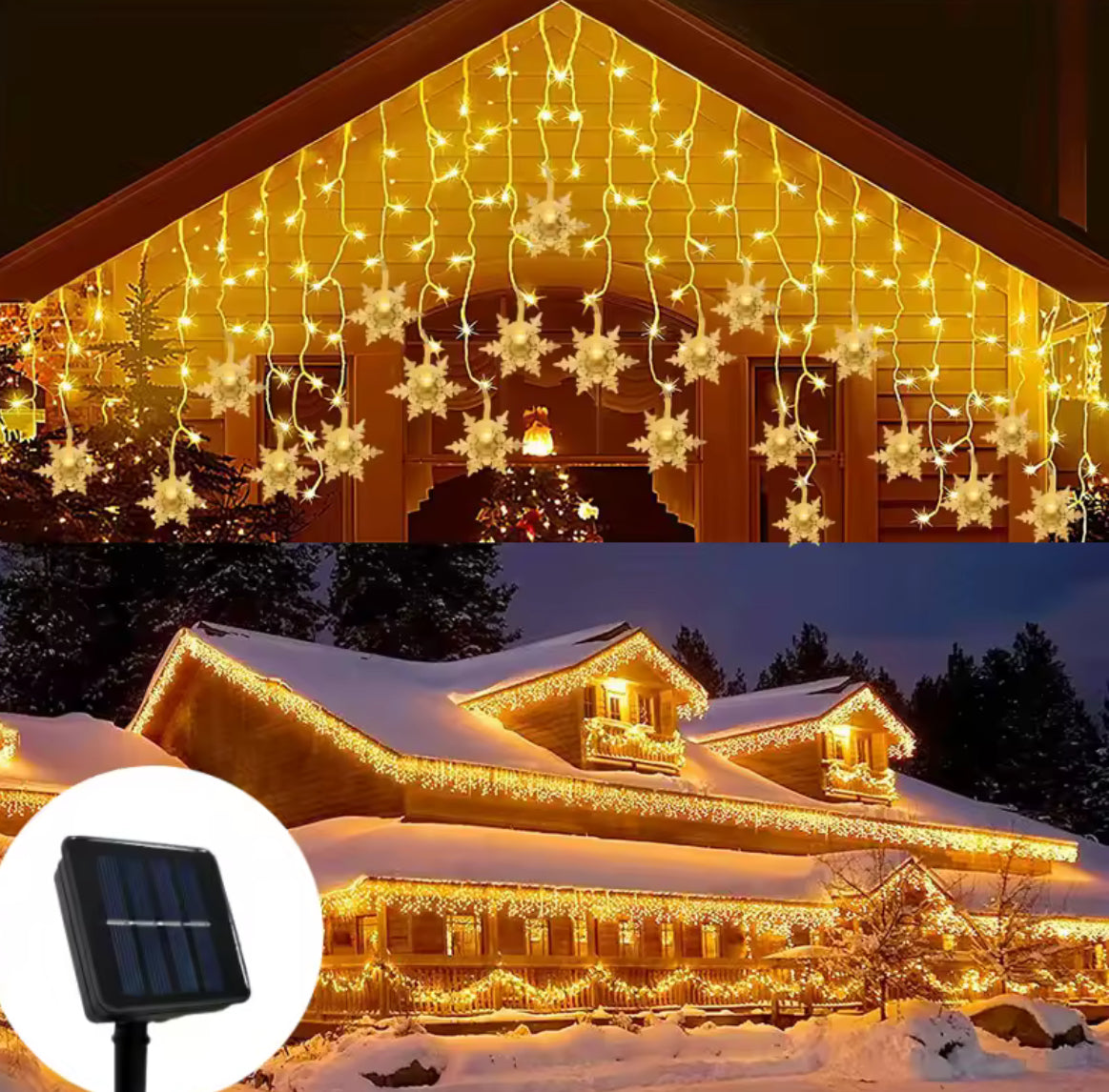Solar Schneeflocken-Lichtervorhang | 3,5 oder 7 m, 8 Leuchtmodi, warmweiss oder bunt, Dämmerungsautomatik, IP44 | Weihnachtsbeleuchtung für Dachrand, Fassade, Balkon & Garten