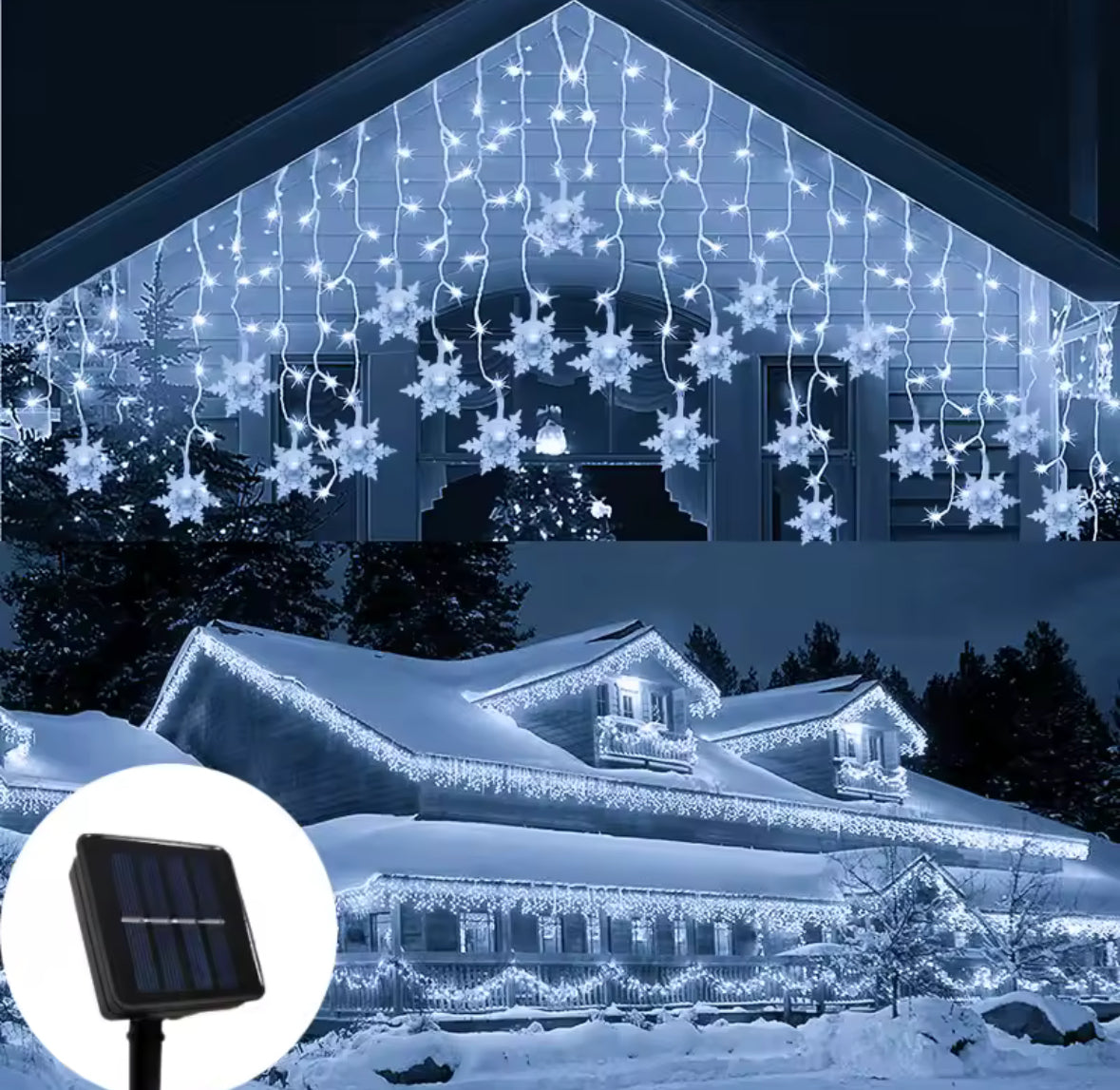 Solar Schneeflocken-Lichtervorhang | 3,5 oder 7 m, 8 Leuchtmodi, warmweiss oder bunt, Dämmerungsautomatik, IP44 | Weihnachtsbeleuchtung für Dachrand, Fassade, Balkon & Garten