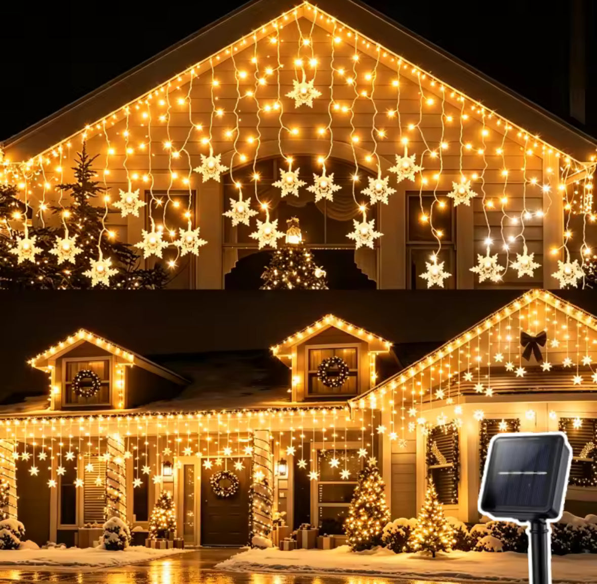 Solar Schneeflocken-Lichtervorhang | 3,5 oder 7 m, 8 Leuchtmodi, warmweiss oder bunt, Dämmerungsautomatik, IP44 | Weihnachtsbeleuchtung für Dachrand, Fassade, Balkon & Garten