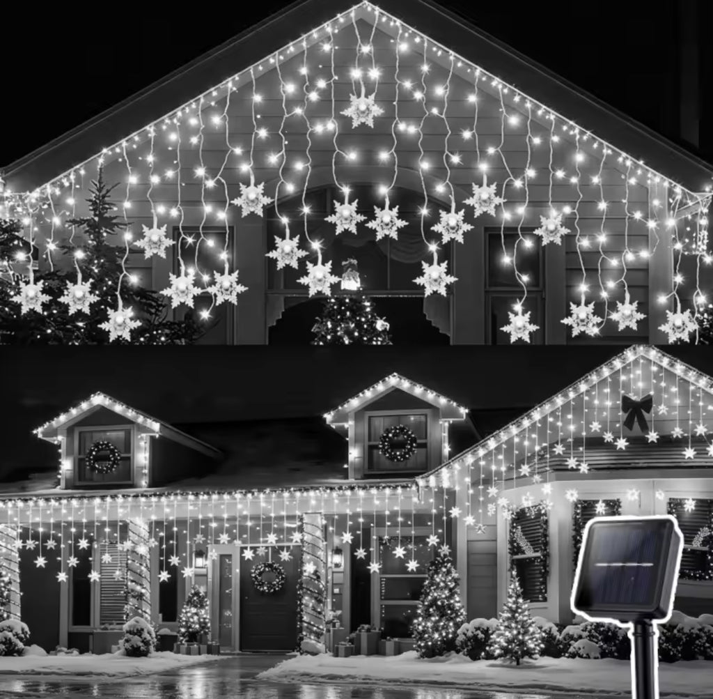 Solar Schneeflocken-Lichtervorhang | 3,5 oder 7 m, 8 Leuchtmodi, warmweiss oder bunt, Dämmerungsautomatik, IP44 | Weihnachtsbeleuchtung für Dachrand, Fassade, Balkon & Garten