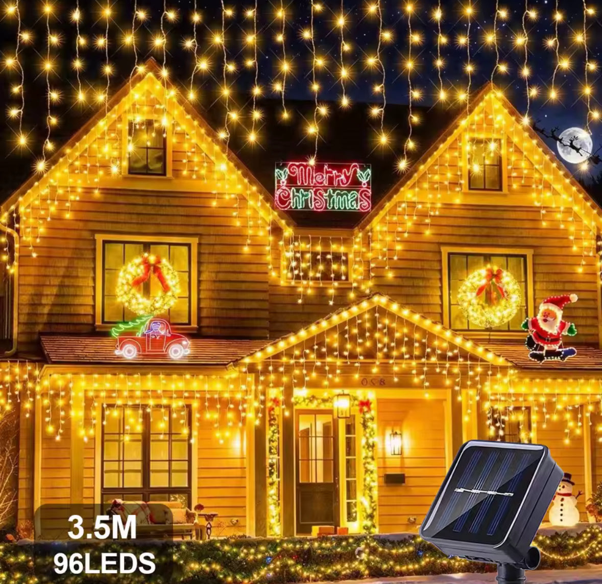 Solar Eiszapfen-Lichtervorhang | 3,5 oder 7 m, warmweiss, kaltweiss oder bunt, Dämmerungsautomatik, IP44 | Weihnachtsbeleuchtung für Dachrand, Balkon, Zaun & Terrasse
