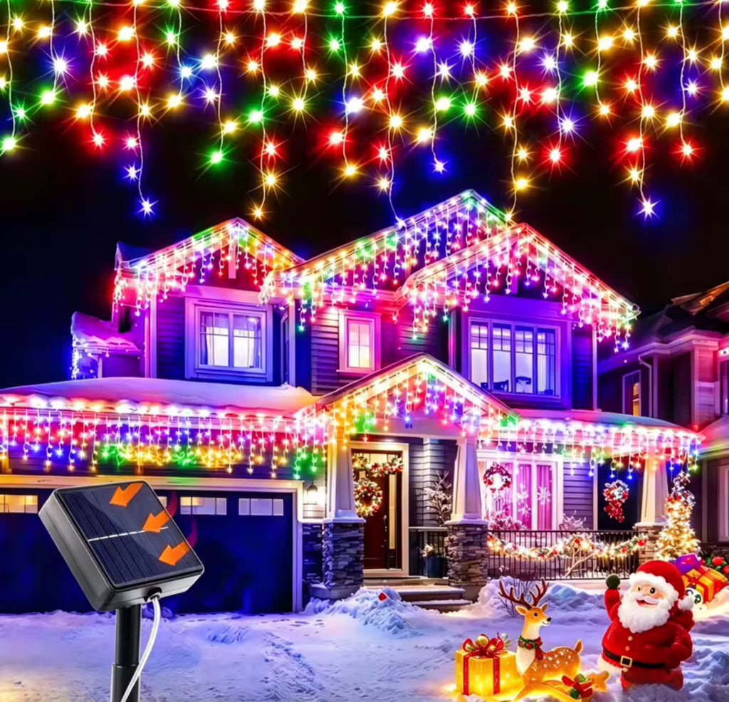 Solar Eiszapfen-Lichtervorhang | 3,5 oder 7 m, warmweiss, kaltweiss oder bunt, Dämmerungsautomatik, IP44 | Weihnachtsbeleuchtung für Dachrand, Balkon, Zaun & Terrasse