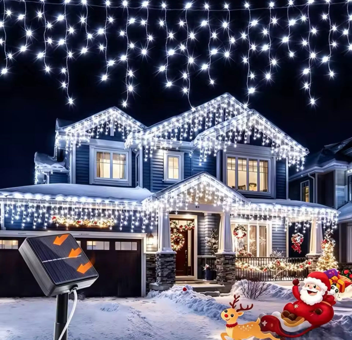 Solar Eiszapfen-Lichtervorhang | 3,5 oder 7 m, warmweiss, kaltweiss oder bunt, Dämmerungsautomatik, IP44 | Weihnachtsbeleuchtung für Dachrand, Balkon, Zaun & Terrasse