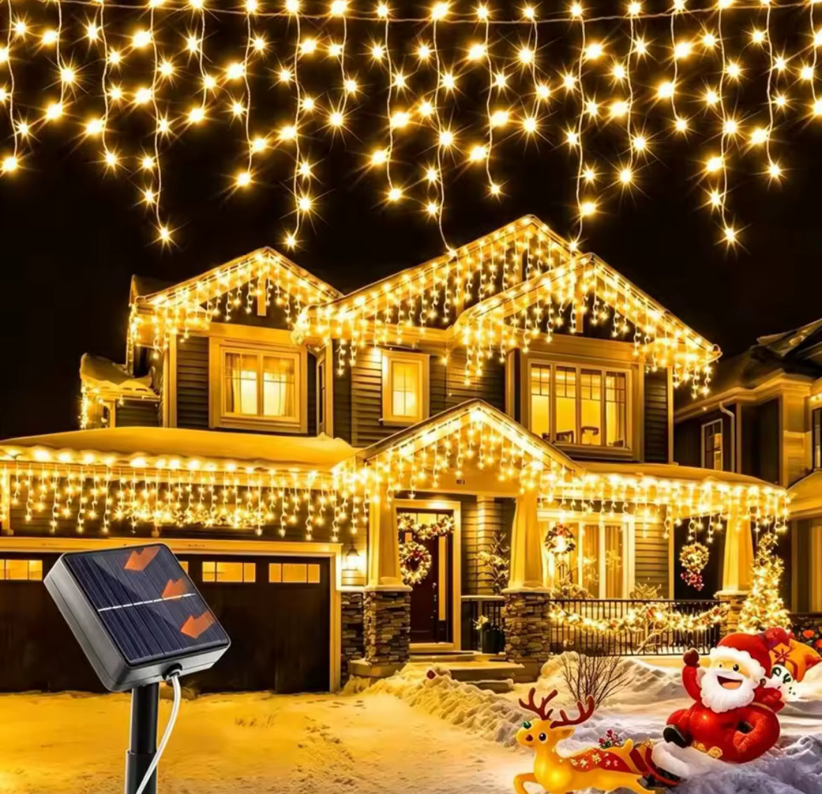 Solar Eiszapfen-Lichtervorhang | 3,5 oder 7 m, warmweiss, kaltweiss oder bunt, Dämmerungsautomatik, IP44 | Weihnachtsbeleuchtung für Dachrand, Balkon, Zaun & Terrasse