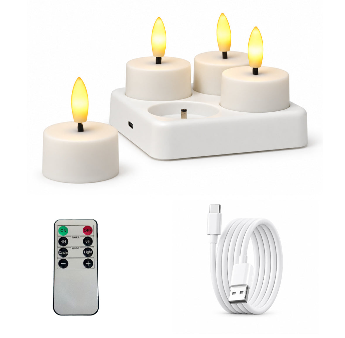 LED Teelichter mit Ladestation & Fernbedienung | Realistischer Flammeneffekt, Timer, dimmbar, 30h Leuchtdauer, USB-C | Sichere Kerzen für Adventskranz, Laterne, Hochzeit & Deko