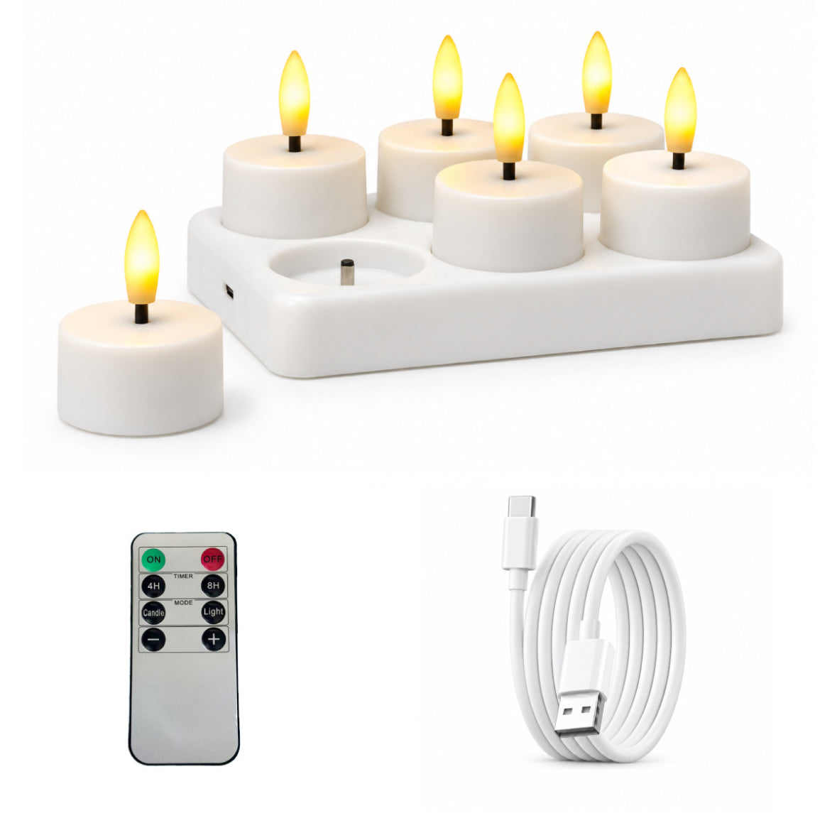 LED Teelichter mit Ladestation & Fernbedienung | Realistischer Flammeneffekt, Timer, dimmbar, 30h Leuchtdauer, USB-C | Sichere Kerzen für Adventskranz, Laterne, Hochzeit & Deko